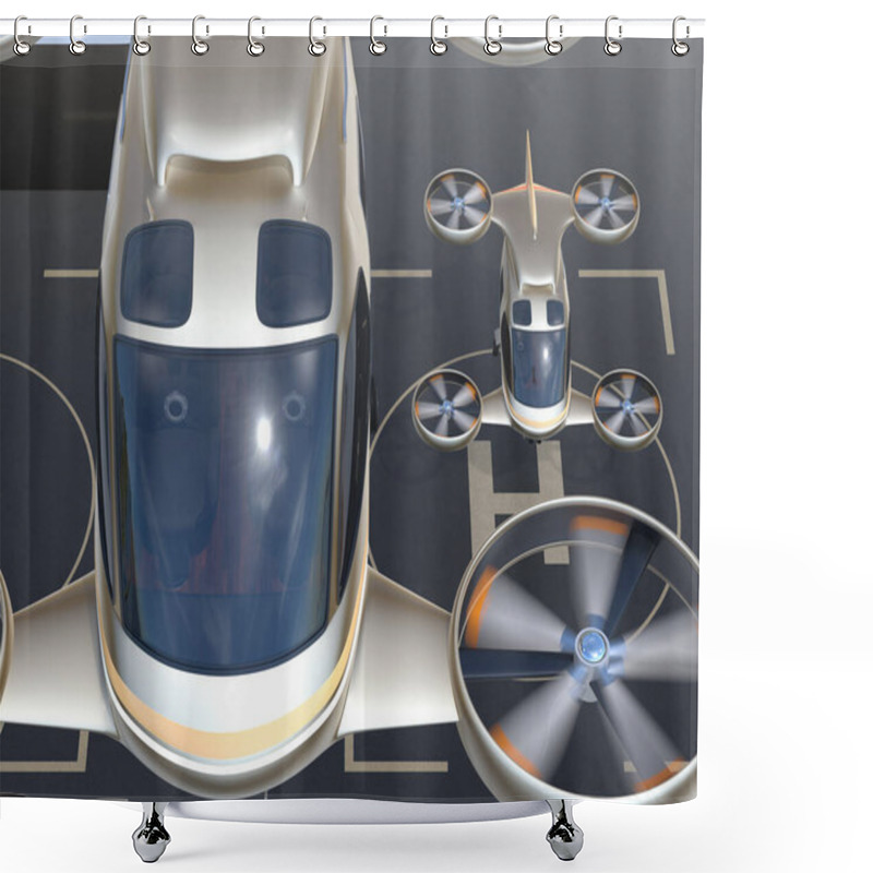 Personality  Close-up View Of Flying Car (air Taxi) Takeoff From Drone Port. 3D Rendering Image. Shower Curtains