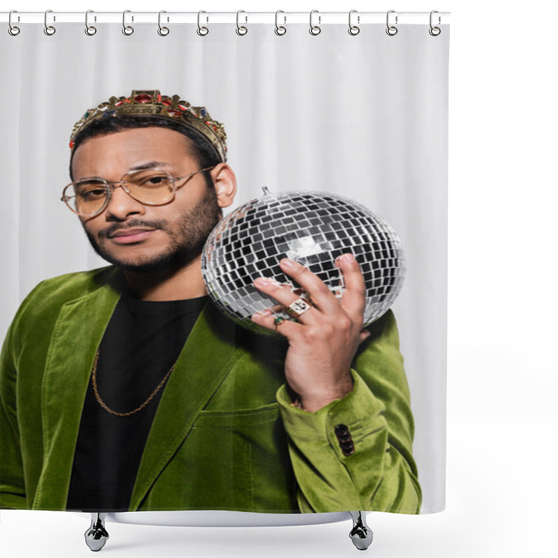 Personality  Indian Hip Hop Performer In Green Velvet Blazer And Crown Holding Disco Ball Isolated On Grey Shower Curtains