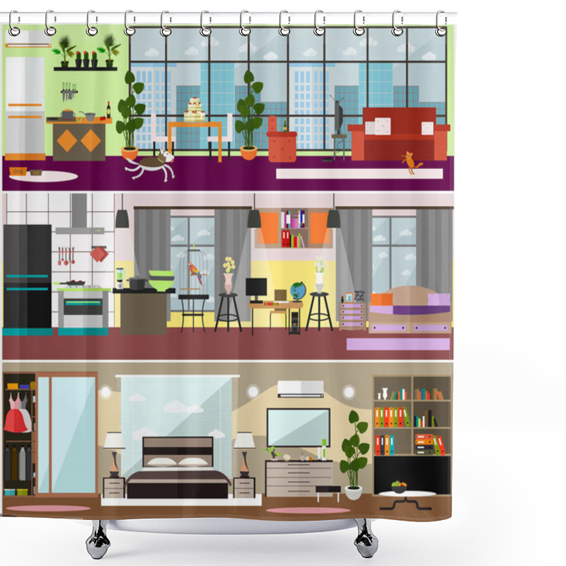 Personality  Family Interior Vector Flat Poster Set Shower Curtains