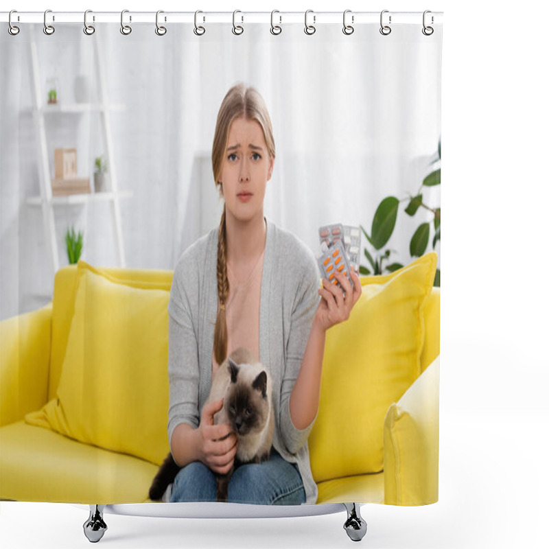 Personality  Disappointed Woman With Allergy Reaction Holding Siamese Cat And Pills In Living Room  Shower Curtains