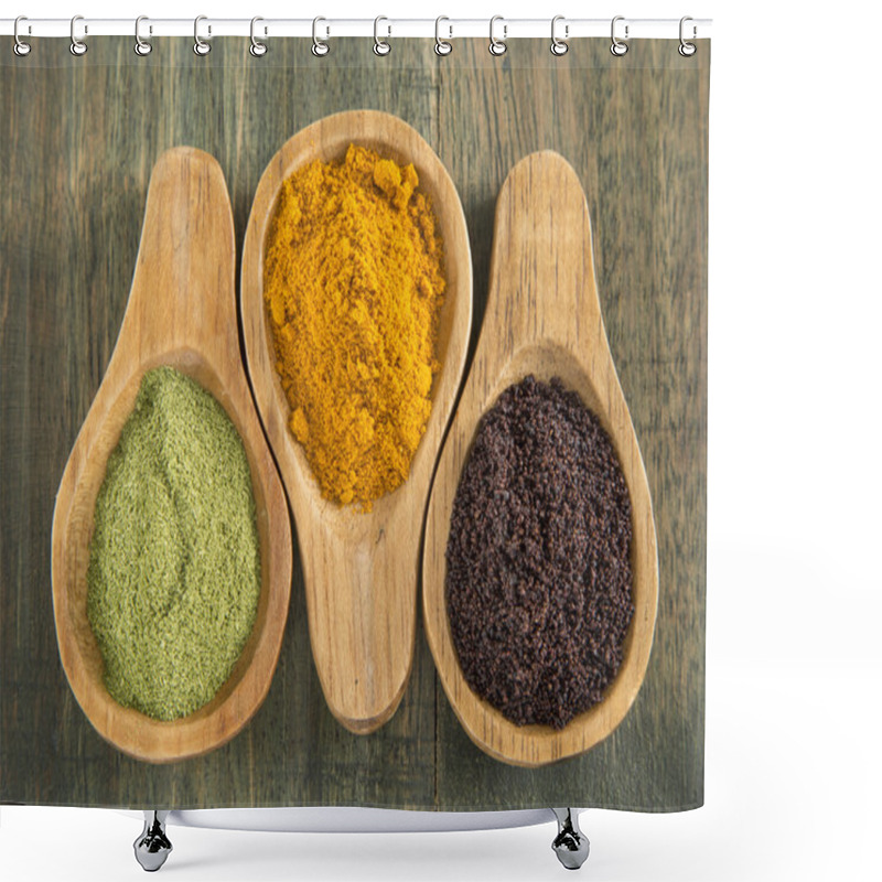 Personality  Moringa, Turmeric And Acai On Wooden Background Shower Curtains