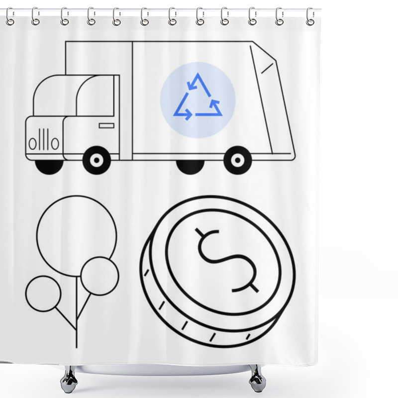 Personality  Recycling Truck With Symbol, Dollar Coin, And Trees. Ideal For Sustainability, Environmental Protection, Waste Management, Recycling, Green Economy, Corporate Responsibility Eco-friendly Shower Curtains