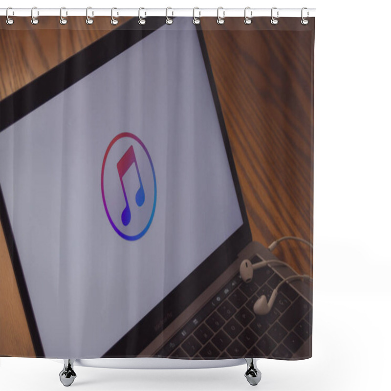 Personality  Dallas, Texas/ United States - 06/7/2018: (Photograph Of The Itunes Logo On Computer Screen) Shower Curtains