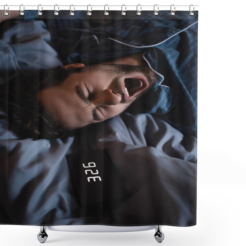 Personality  Top View Of Sleepless Man Yawning Near Alarm Clock On Bed At Night  Shower Curtains