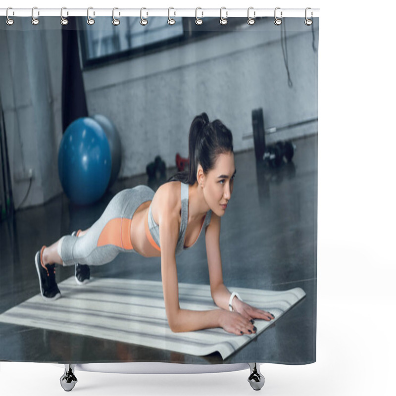 Personality  Young Fit Woman Doing Plank On Yoga Mat At Gym Shower Curtains