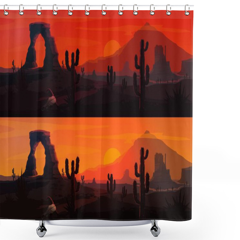 Personality  USA Desert Landscape Vector Backgrounds With Arizona Or Western Nature. Mexican Saguaro Cactuses And Wild West Mountains, Sunset And Sunrise Suns, Rock And Sand Roads, Bull Skulls, Red Sky And Clouds Shower Curtains