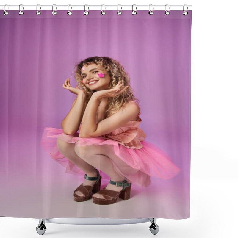 Personality  Lovely Jolly Woman In Pink Costume Of Tooth Fairy With Face Stickers Squatting Raising Hands To Face Shower Curtains