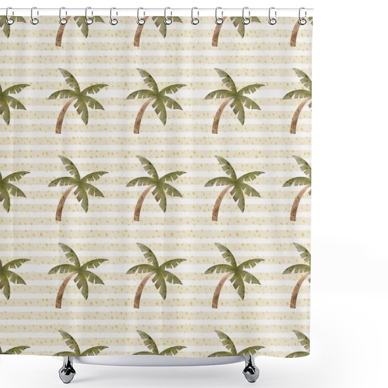 Personality  Green Palm Trees Are Arranged In A Repeating Pattern Over A Striped Beige Background. Shower Curtains