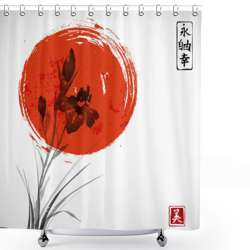 Personality  Iris Flowers With Red Sun  Shower Curtains