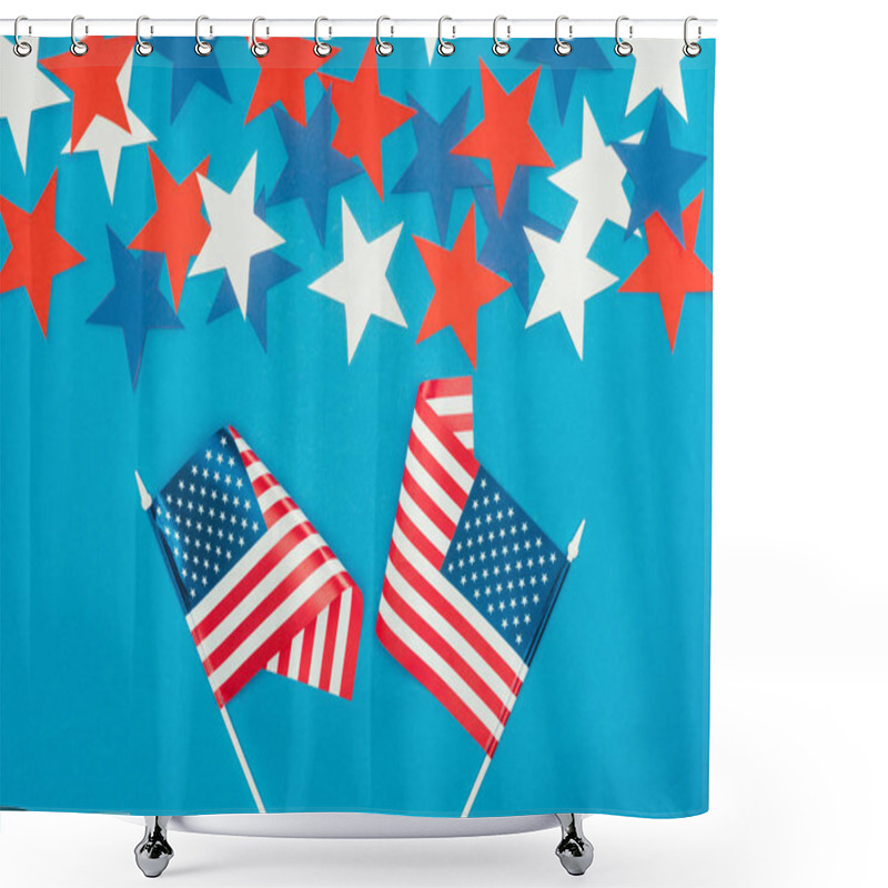 Personality  Top View Of Arranged Stars And American Flags Isolated On Blue, Presidents Day Celebration Concept Shower Curtains