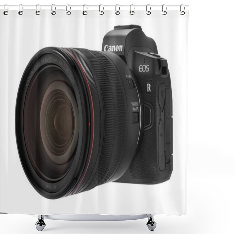 Personality  Varna, Bulgaria - October 11,2018: Image Of Canon EOS R Mirrorless Digital Camera With Canon EF 24-105mm F4L IS USM Lens On A White Background. Canon Is The World Largest SLR Camera Manufacturer. Shower Curtains