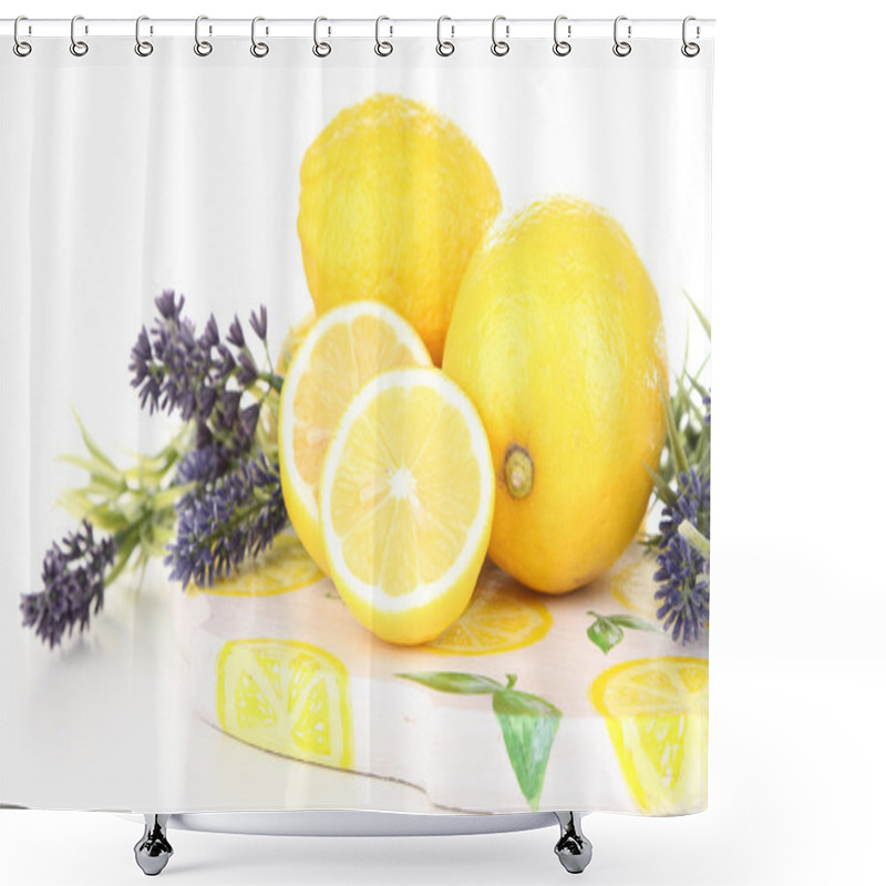 Personality  Still Life With Fresh Lemons And Lavender, Isolated On White Shower Curtains