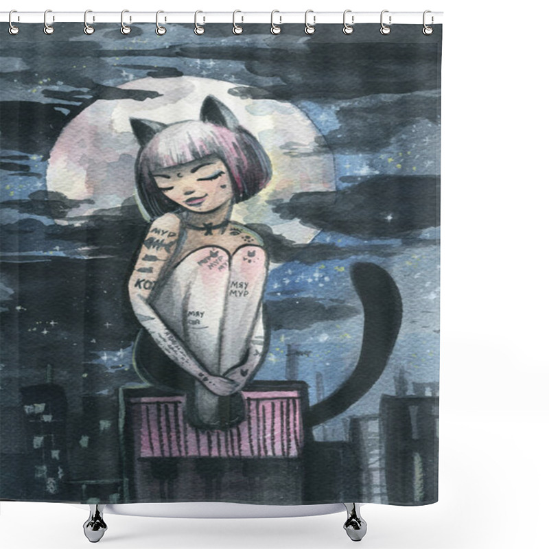 Personality  Beautiful Cat Woman Walks On The Roofs Of The Night City. Cat Woman With Tattoos On Her Body. Watercolor Illustration. Shower Curtains