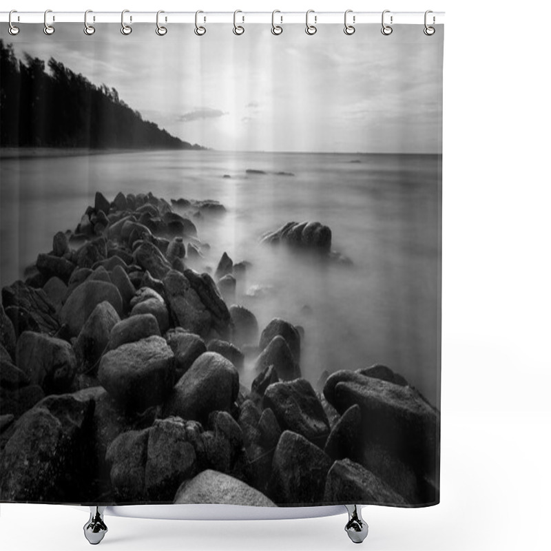 Personality  Beautiful Sunset At The Stone Beach In Black And White Shower Curtains