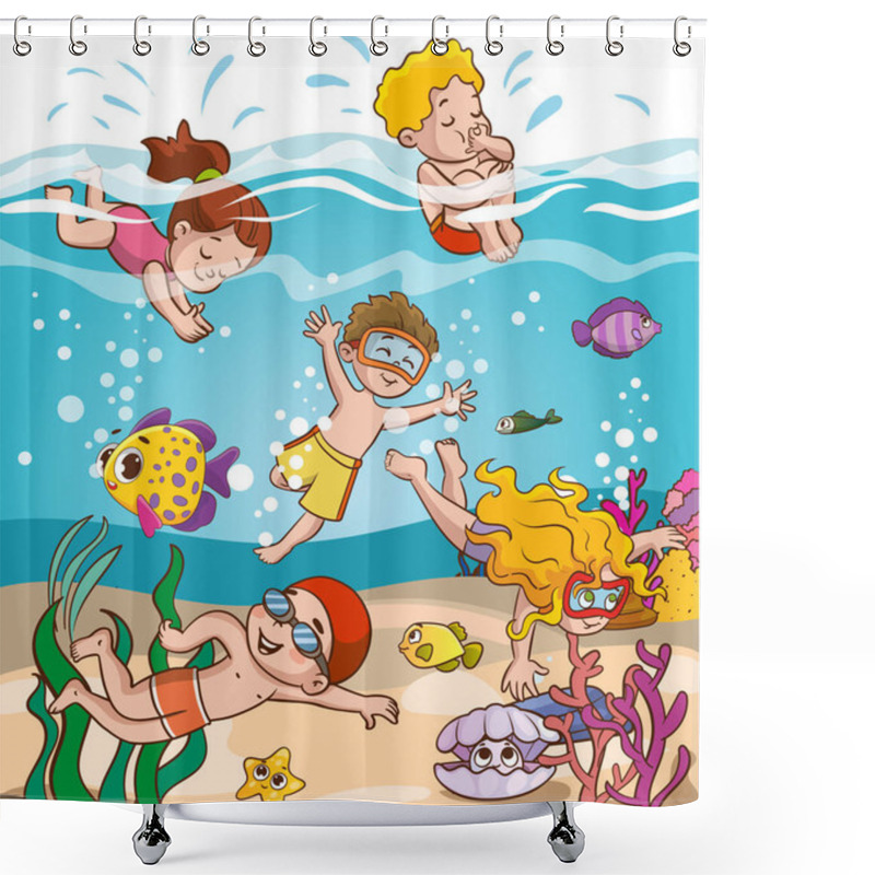 Personality  Children Have Fun Diving Under Water. Funny Cartoon Character. Vector Illustration..Cute Kids Diving In The Sea. Cartoon Children Snorkeling In The Ocean.  Shower Curtains