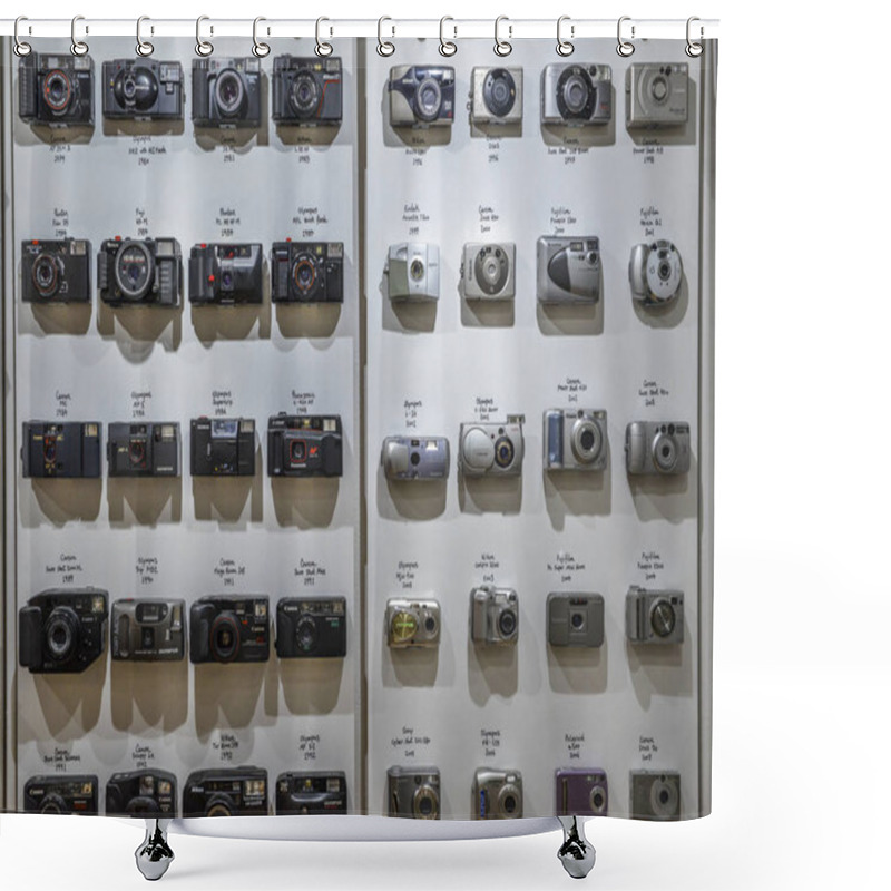 Personality  Vintage Film Cameras Lined Up On Wall In Chronological Order Starting From 1979 To 2007, Beginning Of Digital Cameras Shower Curtains