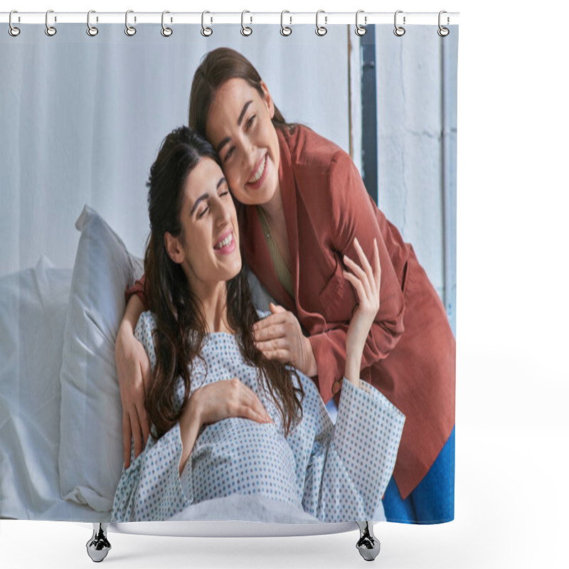 Personality  Cheerful Lgbt Couple Hugging Warmly And Smiling With Closed Eyes, In Vitro Fertilization Concept Shower Curtains