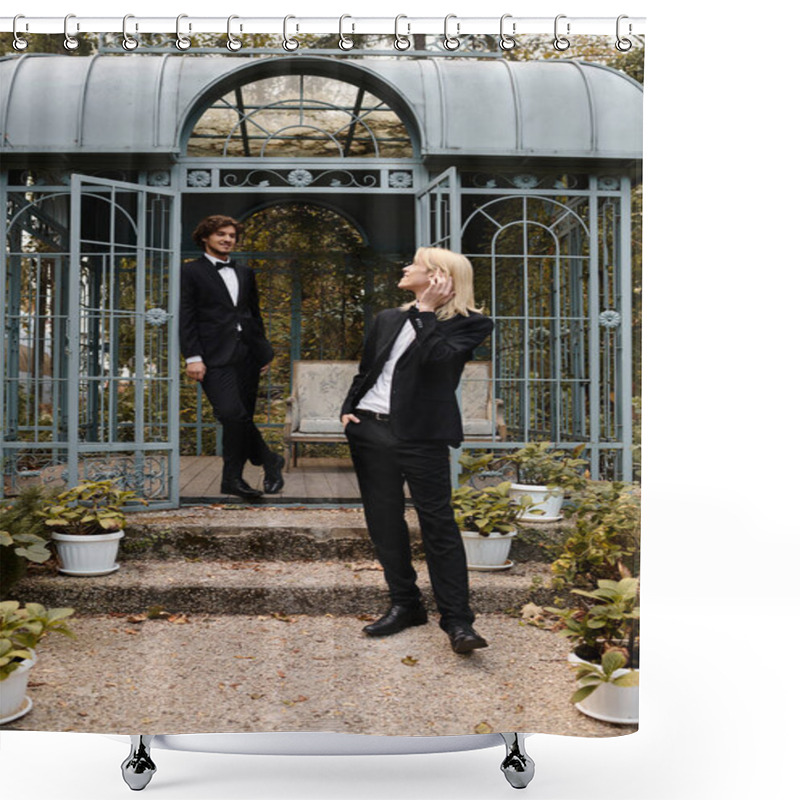 Personality  In An Enchanting Garden, Two Young Men Dressed Impeccably In Formal Attire Share A Playful Moment. Shower Curtains