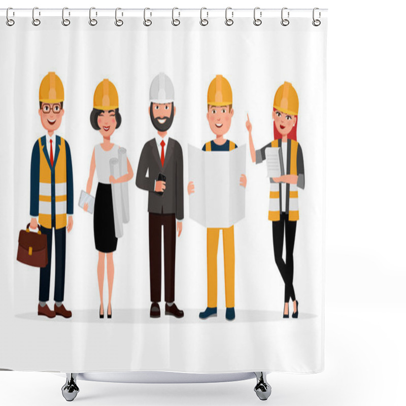 Personality  Engineers Cartoon Characters Isolated On White Background. Group Of Technicians, Builders, Mechanics And Work People Vector Flat Illustration. Shower Curtains