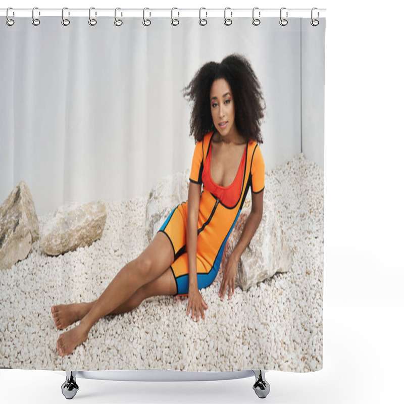 Personality  A Beautiful Young Woman Poses Elegantly In A Striking Outfit Against A Minimalist Setting. Shower Curtains