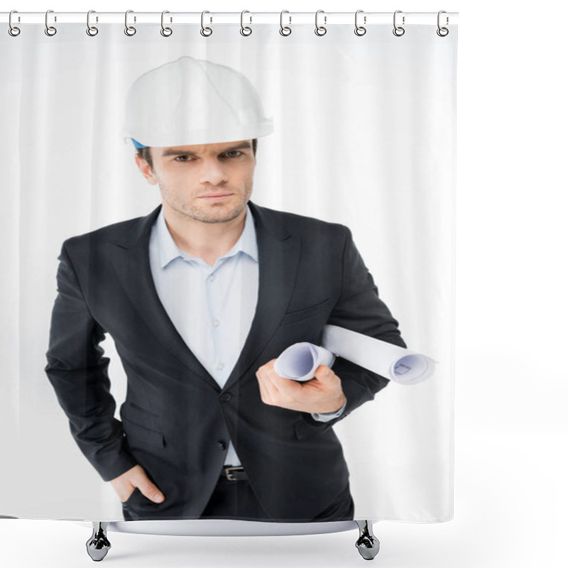 Personality  Male Architect In Hard Hat Shower Curtains