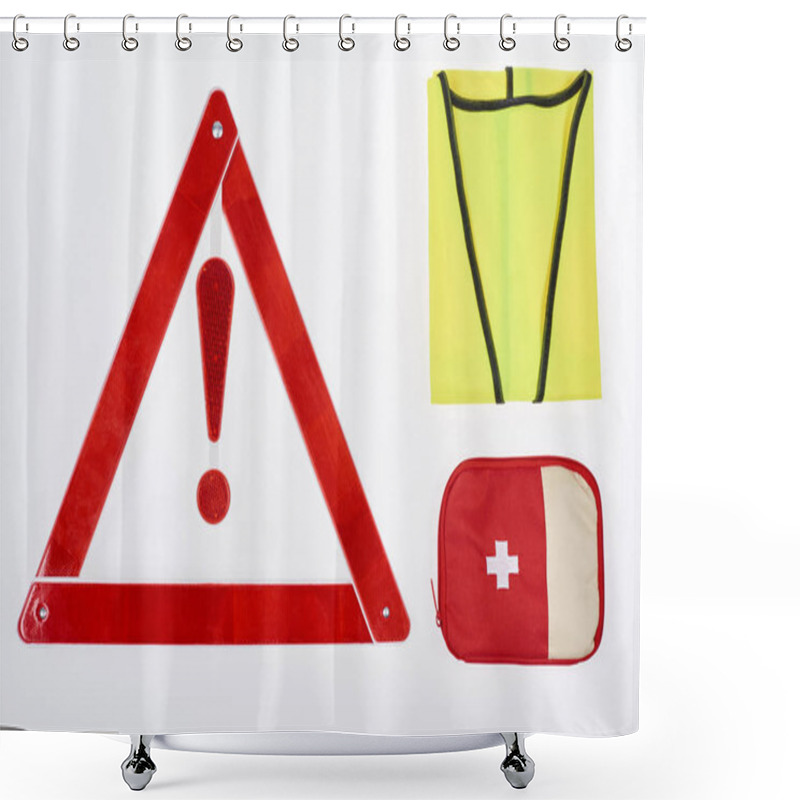 Personality  Flat Lay With Warning Triangle, First Aid Kit And Reflective Vest Isolated On White Shower Curtains