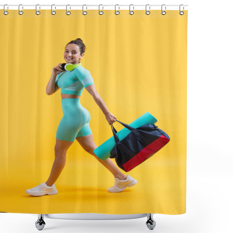 Personality  Glad Fitness Woman In Sportswear Walk With Sport Bag In Studio. Fitness Woman In Workout Sportswear Isolated On Yellow Background. Fitness And Sportswear. Shower Curtains