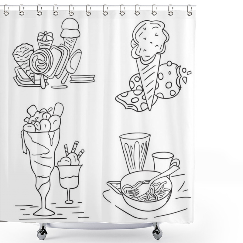 Personality  Beautiful Ice Cream Set In Black And White Drawing Summer Vacation Coloring Page For Kids Vector Shower Curtains