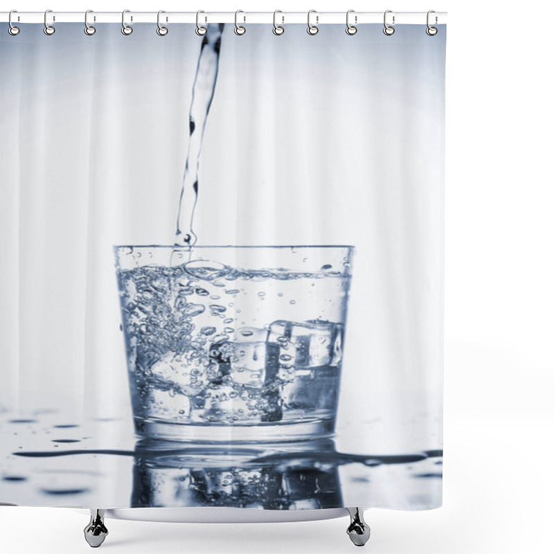 Personality  Clear Mineral Water Is Poured Into A Glass With Ice.  Shower Curtains