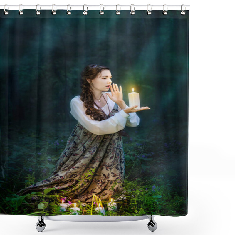 Personality  Woman At Night In The Forest Performs A Mysterious Ritual With Candles. Shower Curtains