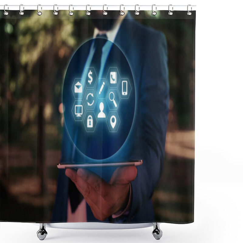 Personality  Male Human Presenting A Presentation Using The Latest Sophisticated Devices. Man Wear Formal Working Suit Introducing How Smart Gadget Works. Photo Of Modern Life. Shower Curtains