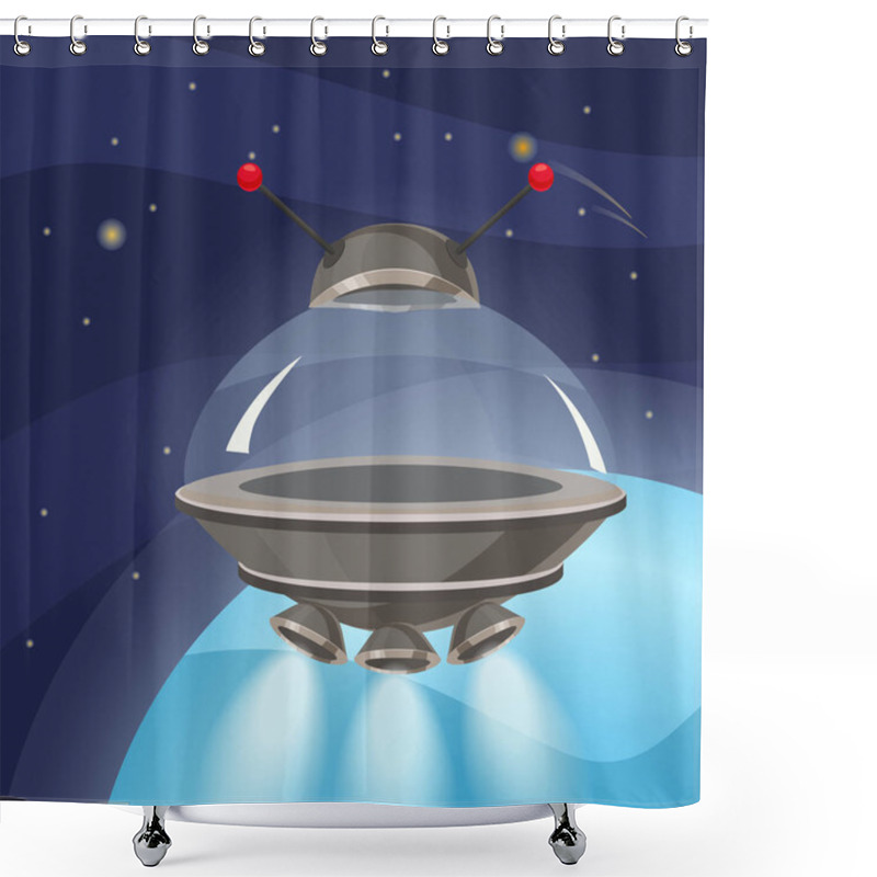 Personality  UFO Spaceship, Cartoon Style, Background Space Planet, Isolated, Vector, Illustration Shower Curtains