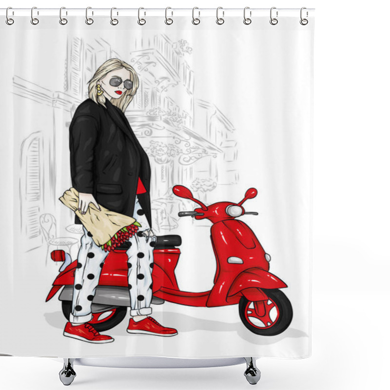 Personality  Beautiful Girl In A Stylish Coat, Jeans And Shoes. Vector Illustration For A Postcard Or A Poster. Fashion And Style, Clothing And Accessories. Bouquet Of Peony And Roses. Flowers. Vintage Moped. Shower Curtains