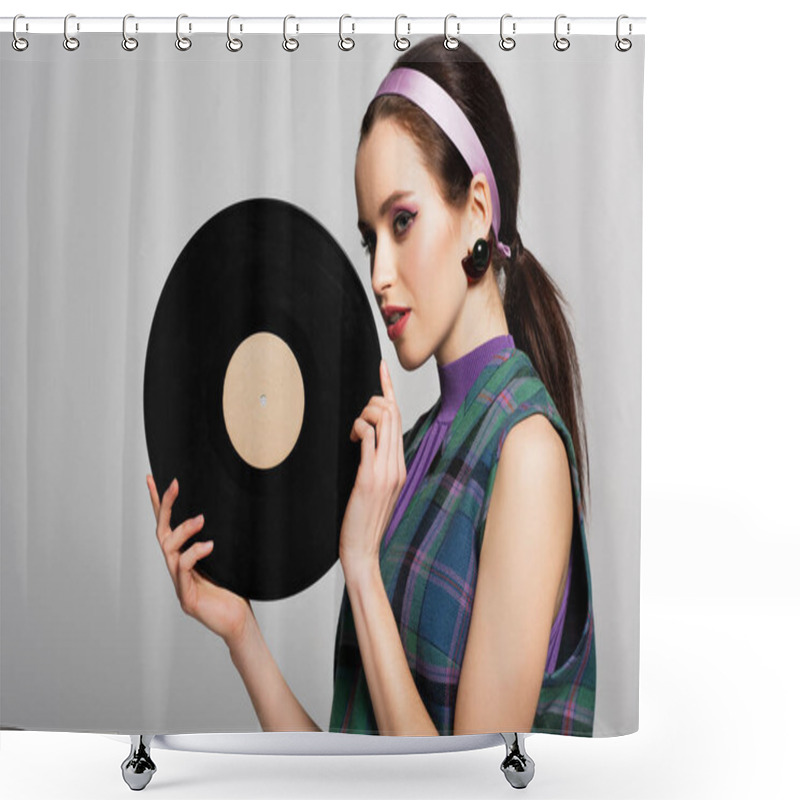 Personality  Pretty Young Woman In Headband Holding Retro Vinyl Disc Isolated On Grey Shower Curtains