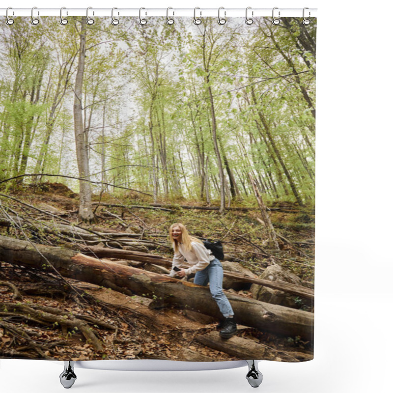 Personality  Laughing Joyful Blonde Hiker Girl Crawling The Wood In Forest While Trekking, Adventure Shower Curtains