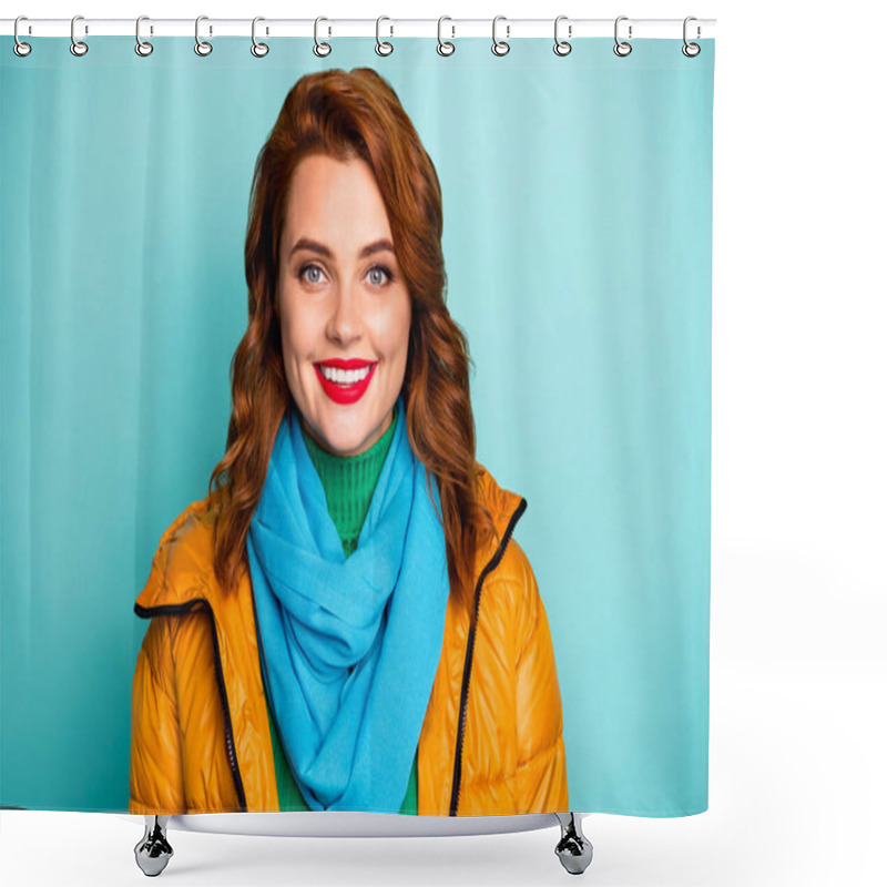 Personality  Closeup Photo Of Pretty Beautiful Lady Toothy Beaming Smiling Enjoy Warm Spring Day Wear Casual Yellow Overcoat Blue Scarf Green Turtleneck Isolated Teal Color Background Shower Curtains