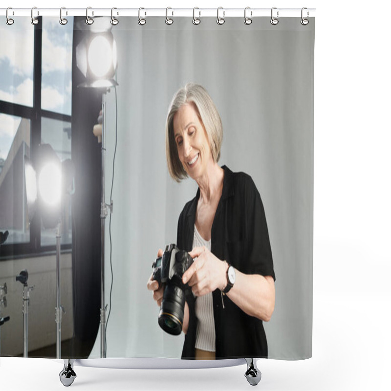 Personality  Middle-aged Woman Holds A Camera, Capturing The Vibrant Light. Shower Curtains