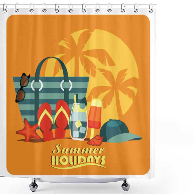 Personality  Vector Flat  Illustration Of Traditional Beach Vacation. Shower Curtains