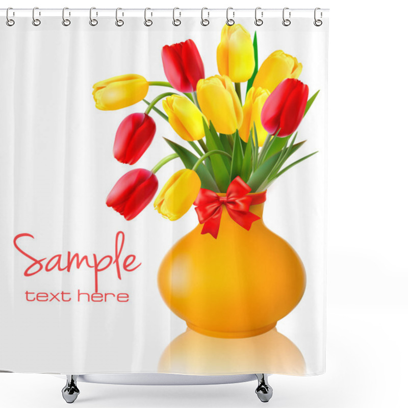 Personality  Spring Flowers In A Vase With A Red Bow And Ribbons Easter Vector Background Shower Curtains