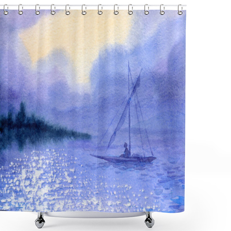 Personality  Hand Drawn Aquarelle Paint Sketch Wild Calm Spring Wave Pond Tree Coast Beach Shore Scene. White Artwork Text Space Backdrop Retro Style Male Guy Bird Design Blue Color Sun Heaven Vacation Scenic View Shower Curtains