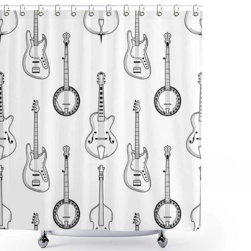 Personality  Strumming Instruments Hand Drawn Outline Seamless Pattern. Guitar, Banjo, Cello Texture. Black Contour String Instruments On White Background. Music Festival, Jazz Performance Wrapping Paper Design Shower Curtains