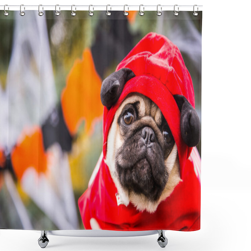 Personality  Dog Mops. A Dog Wearing A Devil Costume With Horns Shower Curtains