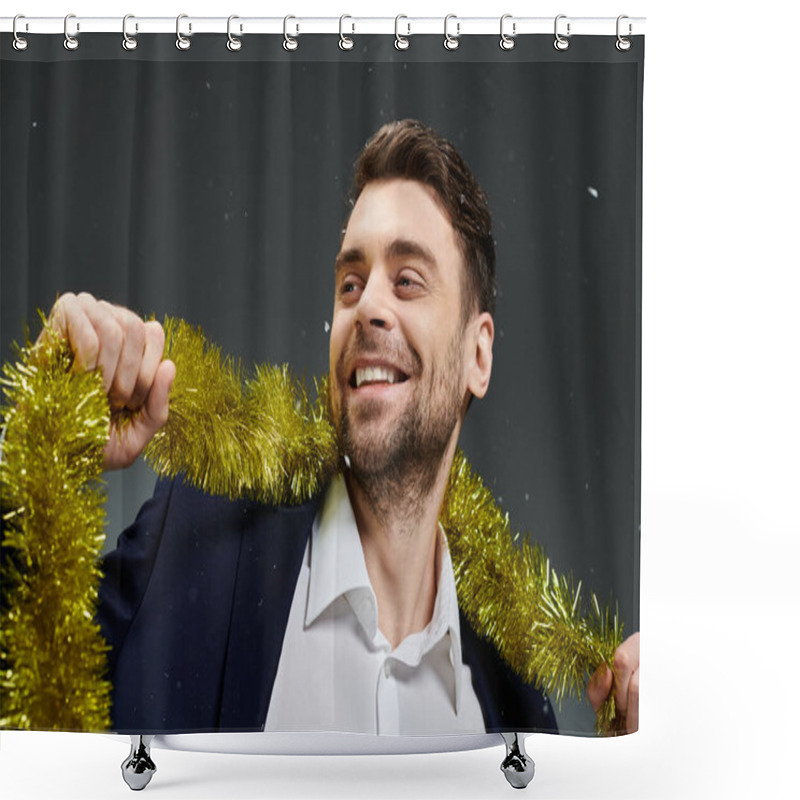 Personality  A Handsome Young Man Smiles Brightly While Holding Shimmering Tinsel On His Shoulders. Shower Curtains