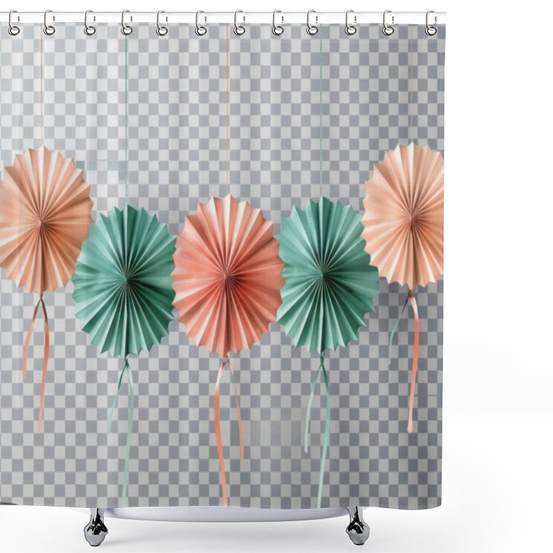 Personality  Colorful Paper Rosettes In Peach And Teal Hang Against A Checkered Background, Adding A Festive Touch To Any Celebration. Shower Curtains