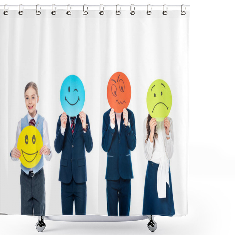 Personality  Kid Holding Card With Happy Face While Schoolchildren Covering Faces With Cards With Various Face Expressions Isolated On White Shower Curtains