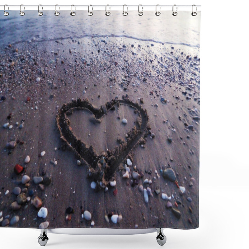 Personality  A Heart Shape Drawn In The Sand Near The Waterline At A Beach, Surrounded By Small Colorful Pebbles. The Tranquil Scene Is Captured At Dusk, With Soft Waves Approaching In The Background. Shower Curtains