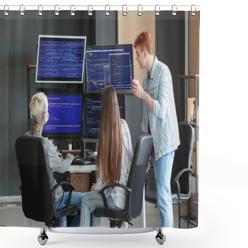 Personality  Young Programmers With Coffee Working In Office, Back View Shower Curtains