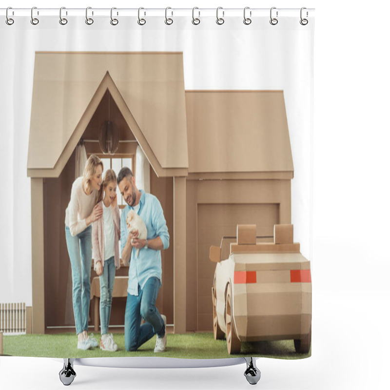 Personality  Beautiful Family With Adorable Labrador Puppy In Front Of Cardboard House Isolated On White Shower Curtains