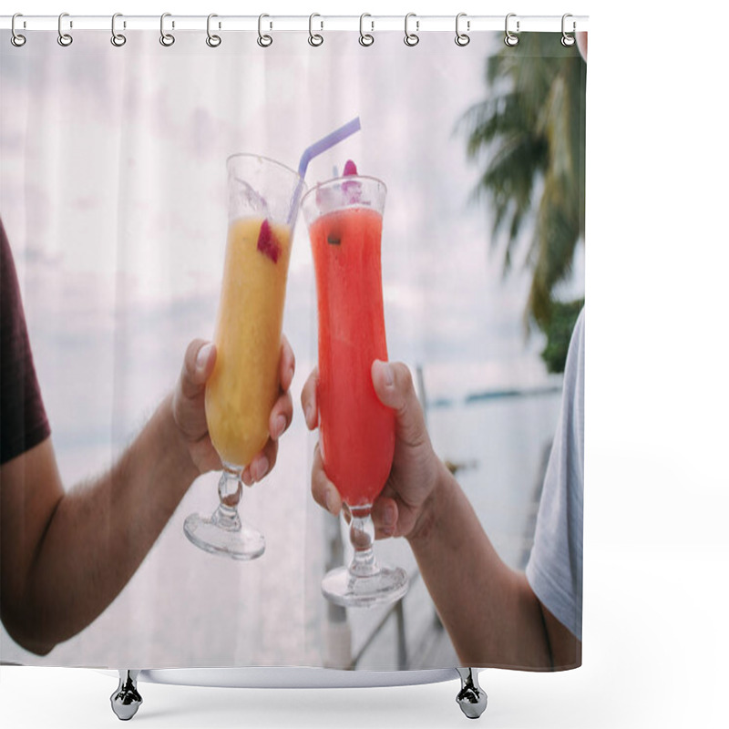 Personality  Glasses With A Cocktail In Male Hands. Watermelon And Mango Cold Shower Curtains