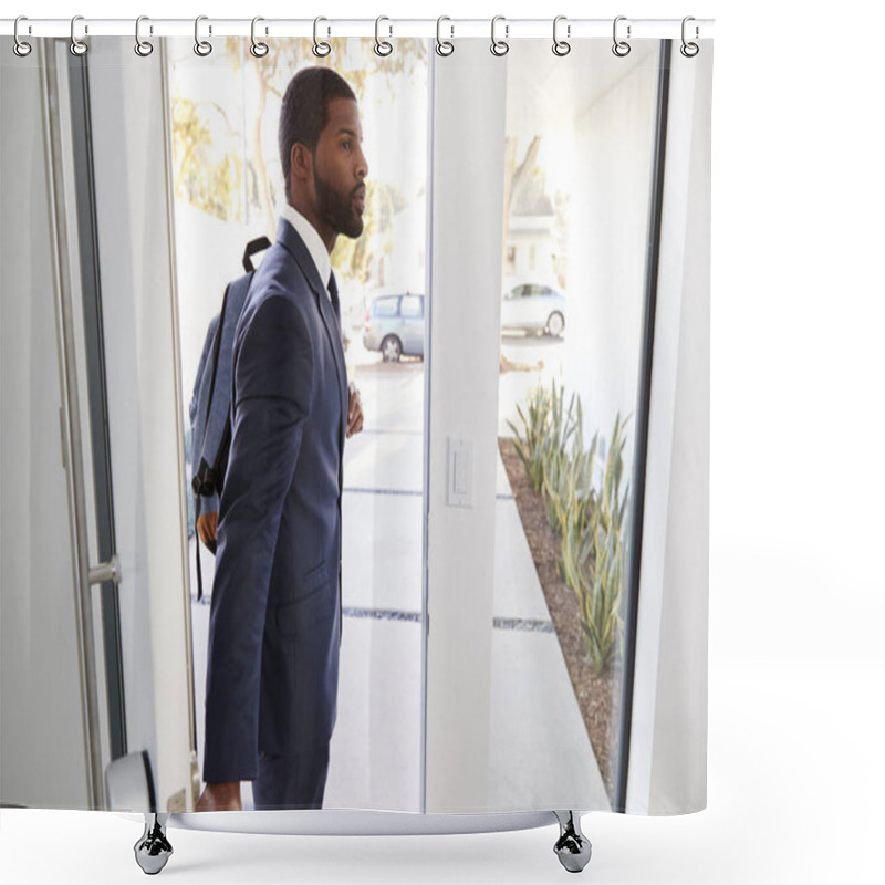 Personality  Businessman Wearing Suit Opening Door Leaving Home For Work Shower Curtains